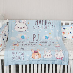 ผ้าห่ม สั่งทำใส่ชื่อ ลาย Rabbit with carrot - Blue