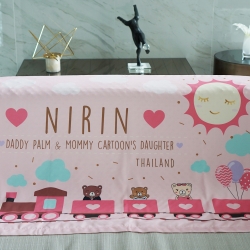 ผ้าห่มเด็ก ใส่ประวัติแรกเกิด ลายรถไฟ Train - Pink