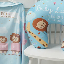 ชุดของขวัญเด็กแรกเกิด NP2 ผ้าคลุมให้นม + หมอนรองให้นม ลาย Train with Lion / Safari - Blue