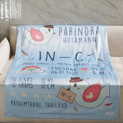 ผ้าห่ม สั่งทำใส่ประวัติแรกเกิด ลาย Bird - Blue