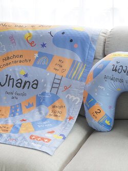 ชุดของขวัญเด็กแรกเกิด ผ้าห่ม ขนาด75x100cm + หมอนรองให้นม ลาย Snake & Ladder - Blue