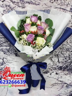 ช่อดอกไม้ม่วง ขาวร้านดอกไม้ศาลายา นครปฐม